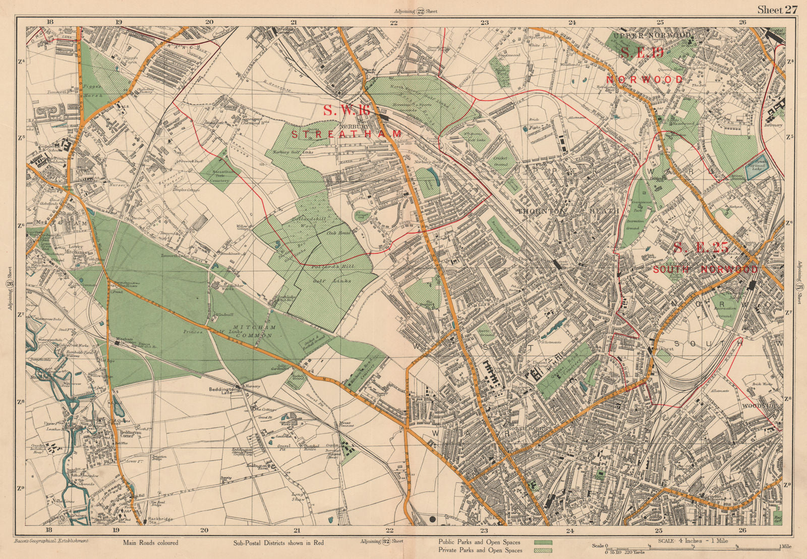STREATHAM CROYDON MITCHAM South Norwood Thornton Heath Woodside. BACON 1927 map